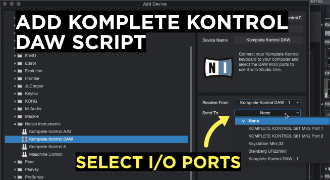 add komplete kontrol daw script in studio one